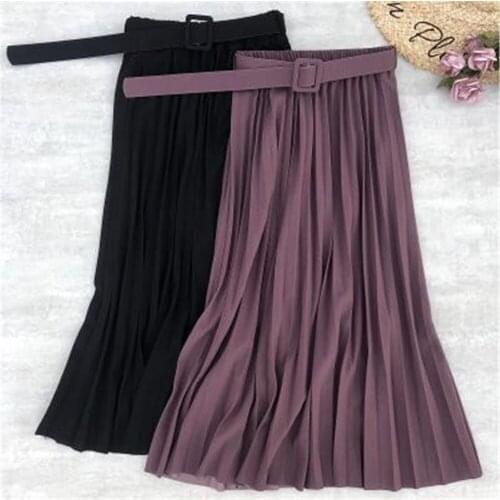 2021 Autumn Summer Women Skirt Midi With Belt Pleated Female Skirts Luxury Korean Faldas Ladies Saias Jupe Casual Fashion News