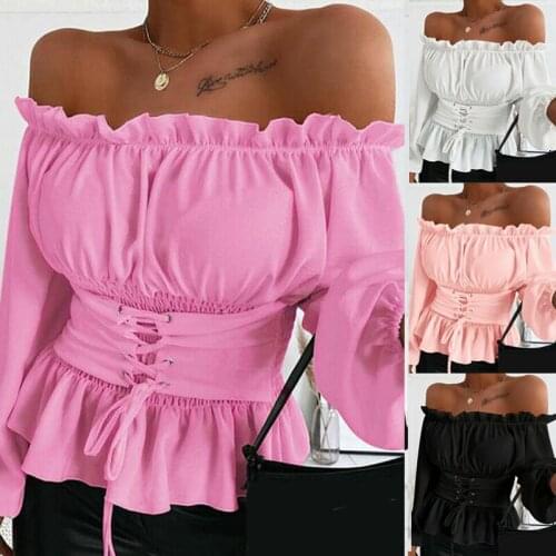 Off-The-Shoulder Ruffled Shirt Womens 2020 Spring Summer Fashion New-Style Collar Long-Sleeved Slim Top Trendy 257