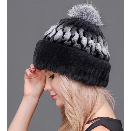 Womens Genuine Rex Rabbit Fur Hats Autumn Winter With Fox Fur Ball Female Warm Caps Lady Beanies
