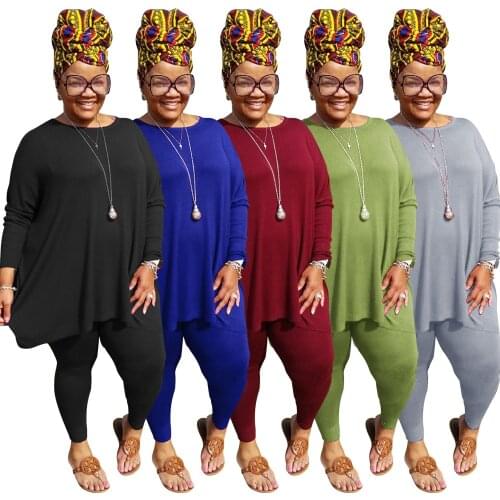 Plus Size 2 Piece Outfits for Women Tracksuit Long Sleeve Tunic Tops Bodycon Long Pants Loungwear Set