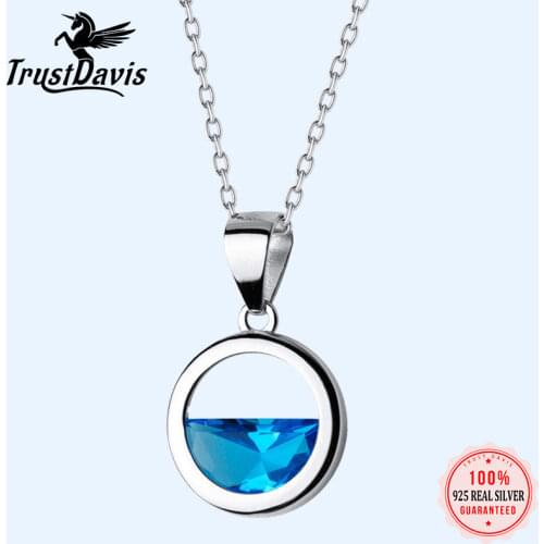 Trustdavis 100% 925 Sterling Silver Round Blue Crystal Pendant Short Necklace For Women Fashion Fine Silver 925 Jewelry DS1173