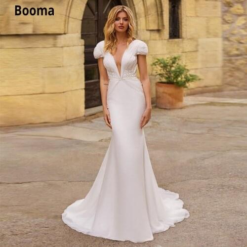Booma Chiffon Mermaid Wedding Dresses with Cap Sleeve Beach Boho Bridal Gowns Sweep Train V-neck Backless Princess Party Dress