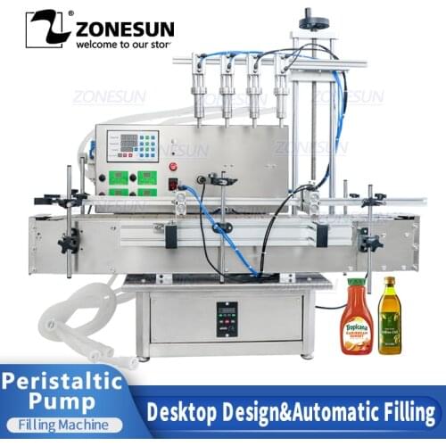 ZONESUN Automatic Four Heads Tabletop Pneumatic Fill Gel Lotion Drink Peristaltic Pump Liquid Filling Machine