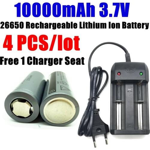 4 Piece/Batch Of 26650 Rechargeable Lithium Ion Battery 10000mah 3.7v Flashlight Battery Free 1 Charger Seat