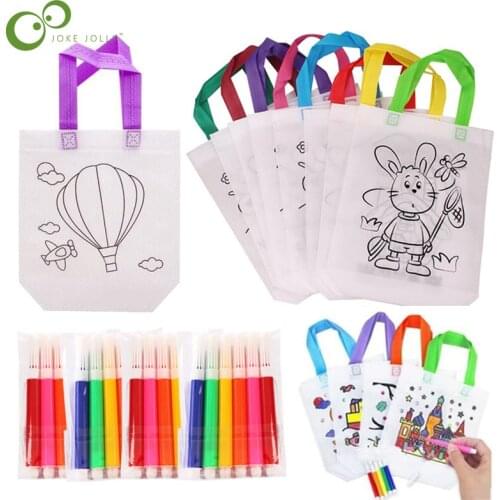 5 Sets DIY Graffiti Bag with Markers Handmade Painting Non-Woven Bag for Children Arts Crafts Color Filling Drawing Toy GYH