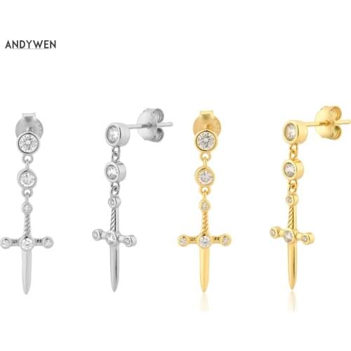 ANDYWEN 925 Sterling Silver Gold Sword Love Pendant Drop Earring Plain Wedding Gift 2021 Fine Jewelry Clips Pendiente Jewels