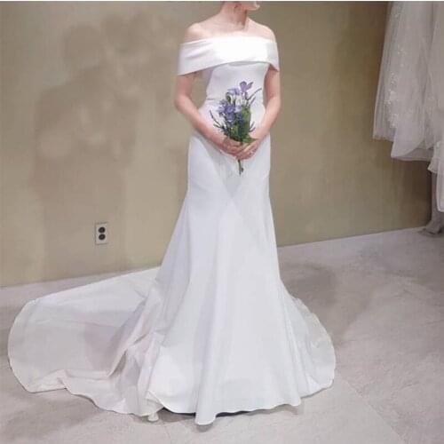 White Ivory Mermaid Wedding Dress Off Shoulder Simple Korea Bridal Gown Elegant Vestido De Casamento Robe De Mariée Chapel Train