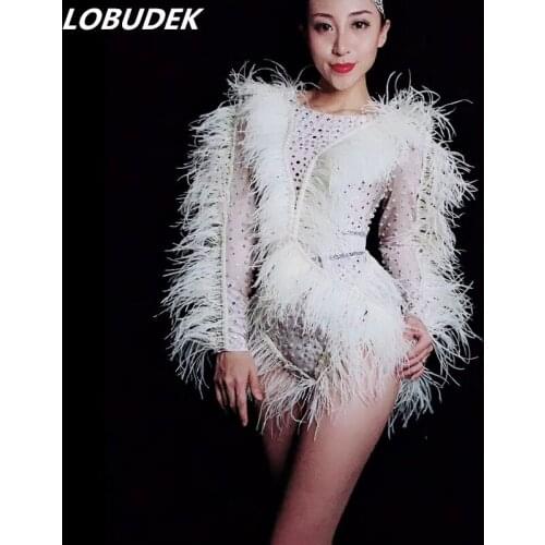 White Feathers Sleeve Crystals Pearls Bodysuit Women Singer Costume Nightclub Bar Party Show Bodysuits Models Catwalk Stage Wear