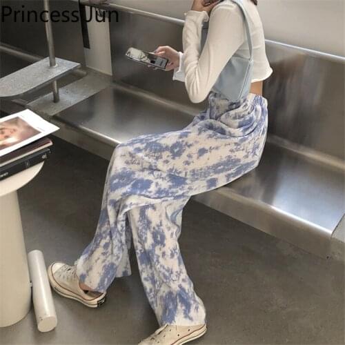 Summer Fashion Women Thin Straight Wide Leg Pants Street Tie-dye Black Blue Printed Trousers High Waist Casual Long Loose Pants