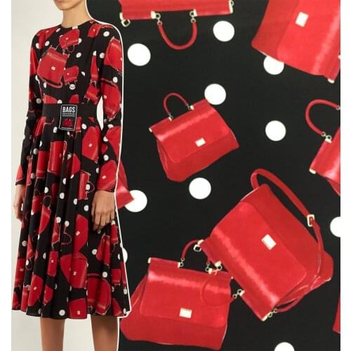 D brand red bag printing fabric 100% polyester satin chiffon fabric for dress custom design sewing material by yard