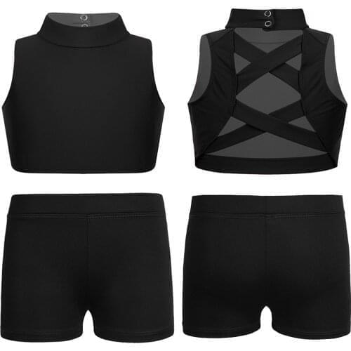 Kids Girls Sport Fitness Workout Tracksuit Outfit Sleeveless Tanks Bra Crop Tops With Shorts Ballet Dance Gymnastics Costume Set