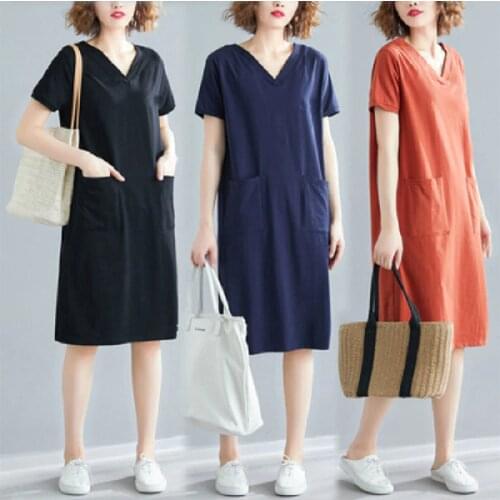 Oneimirry Summer Midi Dresses Women Loose Simple V-Neck Short Sleeve Casual Tshirtdress Female Black Vestidos Korean Clothing