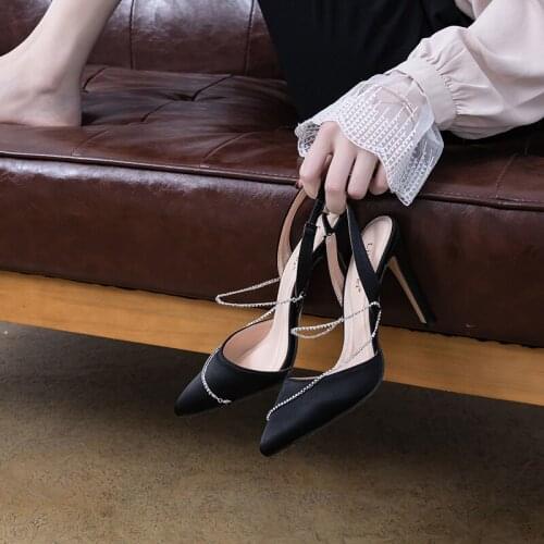 Spring satin pointed toe rhinestone chain stiletto high-heeled shoes large size small size banquet dress female sandals 31-44