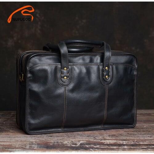 NUPUGOO Casual Men Handbag Genuine Leather Fashion Briefcase Vintage Large Capacity Shoulder Travel Bag For 16 Inch Laptop
