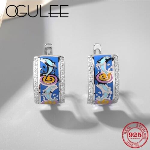 OGULEE High Quality Handmade Enamel Stud Earrings Women Jewelry Active Little Dolphin Blue Zirconia Earrings Party Gifts 2021