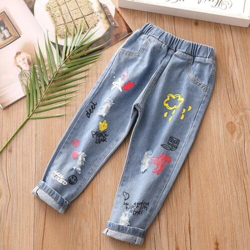 2020 Autumn Korean Style New Baby Girl Denim Pants Toddler Jeans Childrens Fashion Graffiti Print Cowboy Trousers Girl Pants