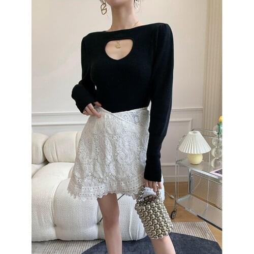 Firmranch 2021 Autumn Love Hollow Design Pullover Black/White Lantern Sleeve Base Shirt Skin Friendly Skinny Knitting Sweater