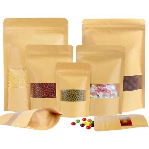 50PCS Kraft Paper Bags Zip Lock Brown With Window Stand Up Resealable Grip Ziplock Pouches Tea Coffee Bean Candy Packaging Food