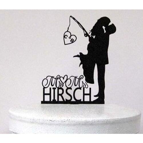 Personalized Rustic Wood Wedding Cake Topper,Wedding Bride and Groom silhouette cake topper, Fishing cake topper with Mr&Mrs
