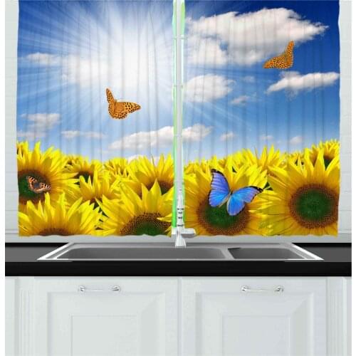 Sunflower Curtains Sunflowers with Butterflies Floral Living Room Decor Curtains Bedroom Window Drapes Curtains for Kitchen