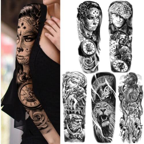Sexy Girl Compass Rose Temporary Tattoos For Women Men American Soldiers Tattoo Sticker Sleeve Full Arm Black Lion Fake Tatoos
