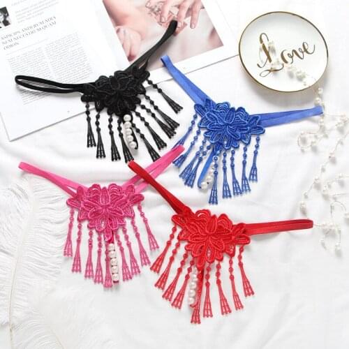Sexy T-String Pants Hollowed Out Butterfly Embroidery Women Tassel Lingerie Pearl Massage Transparent T-Pants Underwear