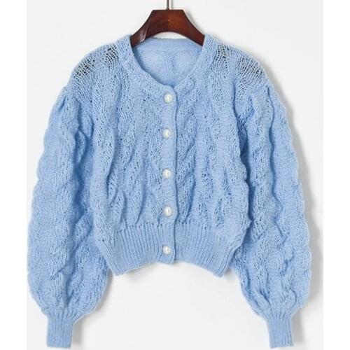 Women Sweater Cardigans Lantern Sleeve Loose Knit Tops O-Neck Casual Streetwear Vintage Jersey 2021 Autumn Winter Fashion Korean