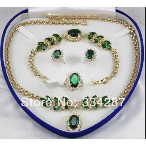 Fine jewelry green zircon yellow gold Necklace Bracelet Earring Ring + box free