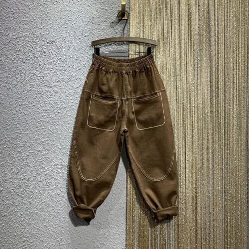 2021 New Arrival Spring/autumn Women Cotton Denim Patchwork Ankle-length Pants Casual Loose Elastic Waist Harem Pants W604