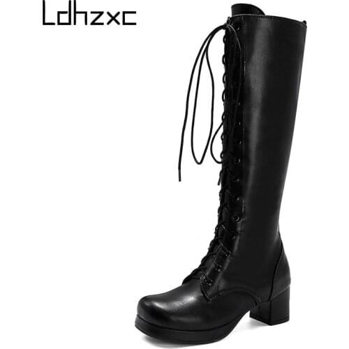 LDHZXC 2020 Autumn winter Women Motorcycle Boots Square To Low Heels Knee High Boots Winter Female Footwears Plus Large Size