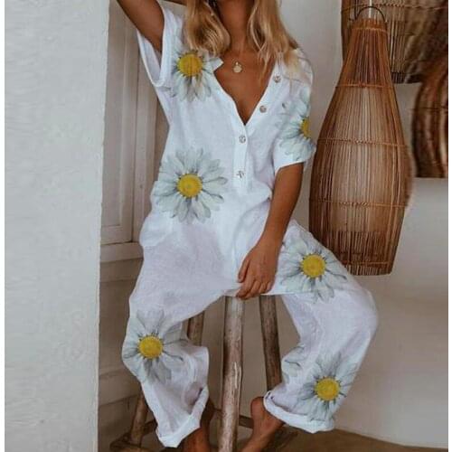 Daisy Print V Neck Women Jumpsuit Short Sleeve Button Cotton Linen Female Romper Jumpsuit 2020 New Spring Summer Ladies Overalls