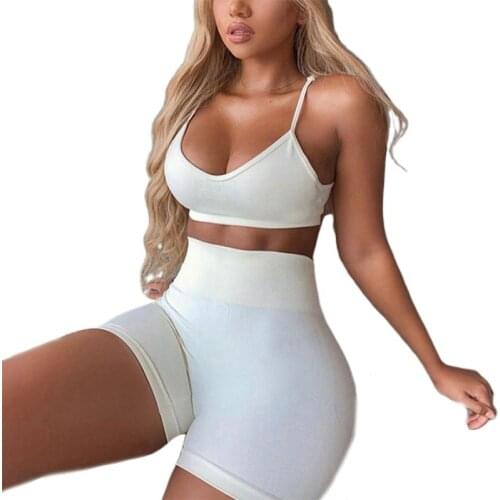 Womens 2Pcs Bodycon Tracksuit Outfit Solid Color Spaghetti Strap Crop Top Shorts F42F