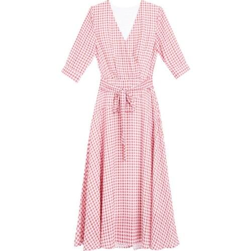 Bird Lattice Red Summer Business Womens Dress Medium Long V-Neck Slim Ladies OL Skirt Female Elegant Mature Half Sleeve Dresses