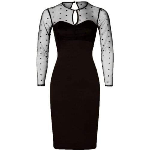 BacklakeGirls Women Elegant Black Polka Dot Sheer Long Sleeve Mesh Party Dress Simple Elegant Cocktail Dress Female Vestidos