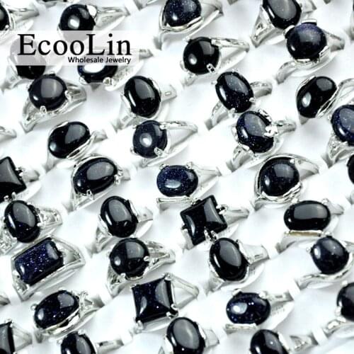 15Pcs Black Natural Stone Silver Plated Women Rings For Woman Fashion Wholesale Jewelry Bulks Lots Hot Sale LR4008