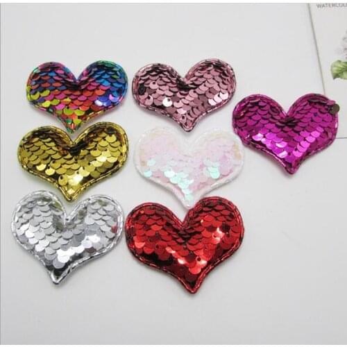 5x4cm 30pcs/lot Sequin Heart Padded Applique for DIY Children Hair Accessories, Appliques For Clothes Sewing Supplies