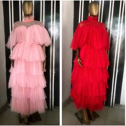African Ruffles Tiered Long Straight Women Dresses 2020 Real Image Fashion Tulle Party Dress High Collar Half Sleeves Vestidos
