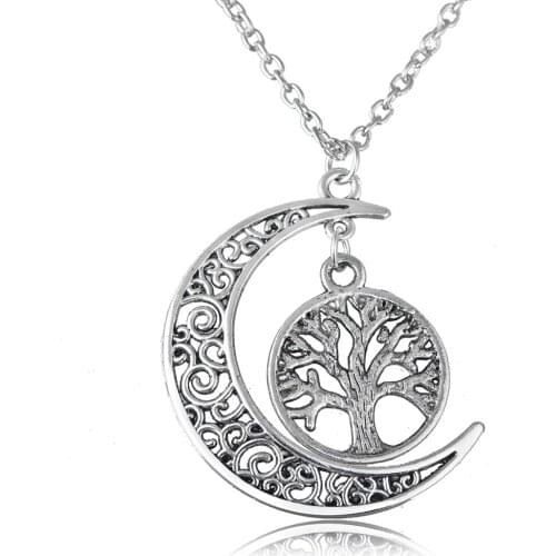 Antique silver Plated with Tree of Life Pattern Crescent Necklace for Unisex Gift