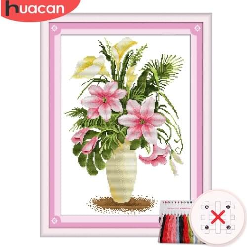 HUACAN Cross Stitch Lily Flower In Vase Kits Floral Sets White Canvas DIY Embroidery Gift Home Decoration Needlework 11CT 14CT