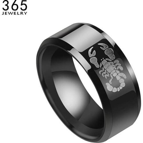 Punk Scorpion Rings For Men 8mm Stainless Steel Black Custom Engraved Finger Rings Male Wedding Bands Party Gift Bague Homme