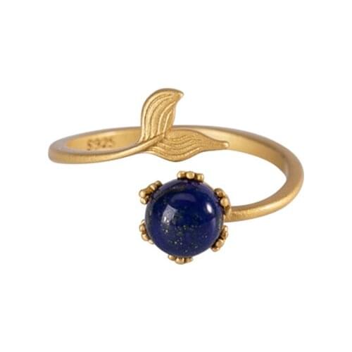 S925 sterling silver Gold plating Natural Lapis lazuli All-matching Fishtail Round beads Ladies Silver ring with opening