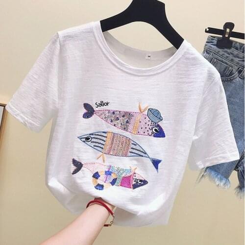 Summer Funny Embroidery T Shirt Women 2021 Casual Animal Tops Women Loose Short Sleeve Cotton Tshirt Female Harajuku White