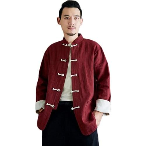 LZJN 2020 Spring Long Sleeve Men Tang Suit Blouse Clothes Flax Blusas Handmade Chinese Knot Buttons Black Linen Shirts