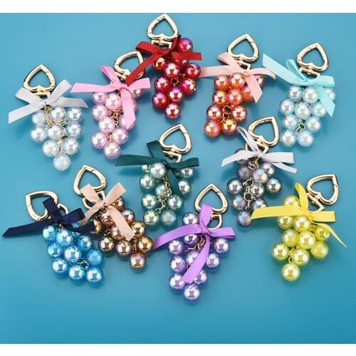 Cute Crystal Grape Key Chain Ribbon Bowknot Trinket Girl Bag Pendant Key Ring Round Ball Beads Keychain Jewelry Accessories