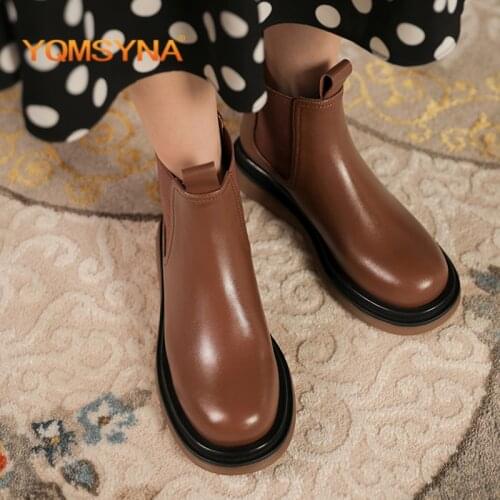 YQMSYNA Fashion Ankle Boots Genuine Leather Mixed Colors Round Toe Flat With Chelsea Boots Thick Bottom Office Lady Shoes AS323