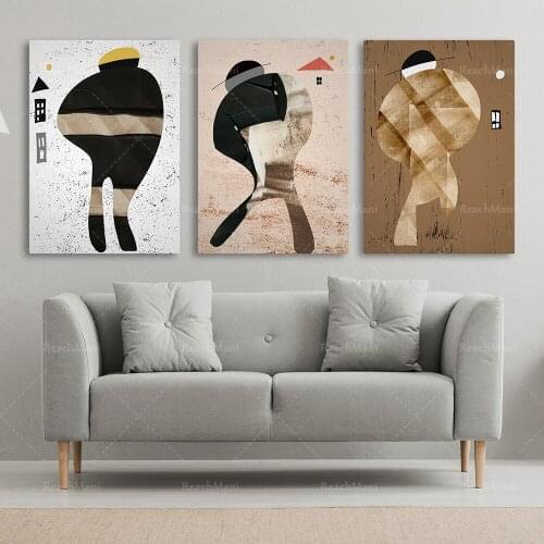 Ensemble de 3 figures abstraites d’hommes, estampes abstraites d’art de mur, impressions modernes d’art du milieu du siècle, ill