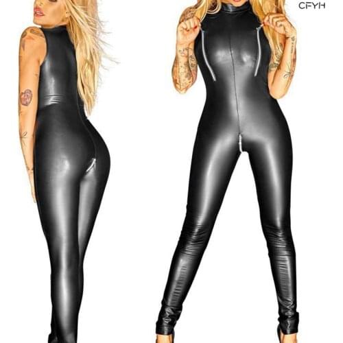 New Hot Motorcycle Leather Zipper Open Crotch Jumpsuits Nightclubs Dancer Teddies Bodysuits Sexy Jumpsuits Plus Size XXL