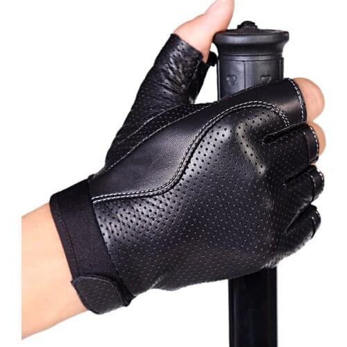 Mens 100% Genuine sheepskin leather semi-finger gloves womens ridding fitness outside sports slip-resistant gloves