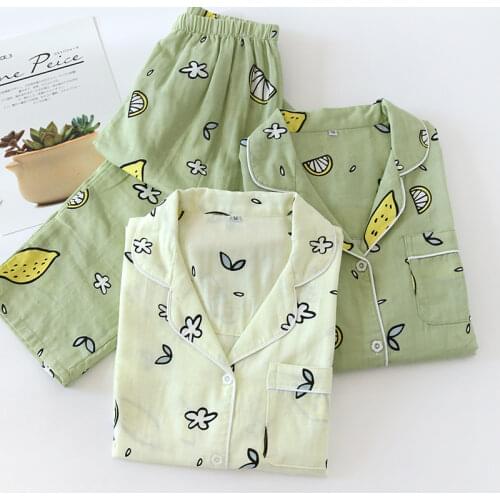 Fresh 100% gauze cotton pajamas sets women spring summer Japanese kawaii Strawberry homewear casual long-sleeve women sleepwear