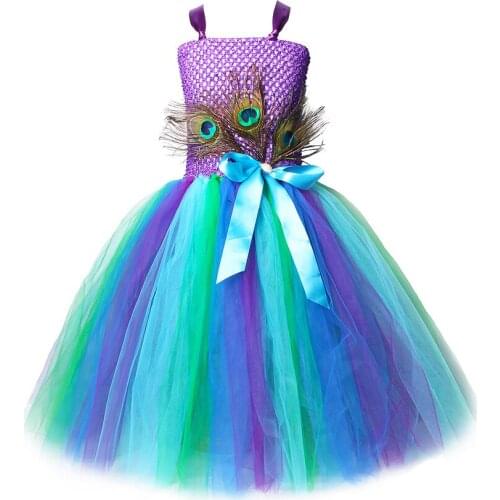 Purple Peacock Long Dresses for Girls Tutu Dress Kids Halloween Pageant Costumes Children Birthday Fancy Dress Ball Gown Ankle